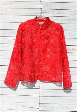 Vintage red/white floral jacquard linen blend jacket
