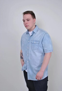 Vintage 90s blue jeans shirt, men's worker short sleeve 