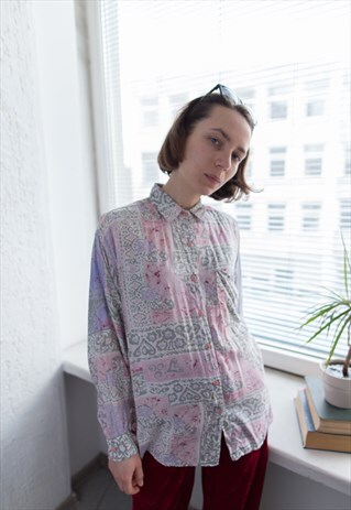 VINTAGE 70'S PASTEL ABSTRACT PRINT BLOUSE