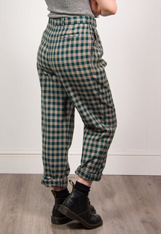 LACOSTE VINTAGE 90'S GREEN CHECK TARTAN HIGH WAIST TROUSERS