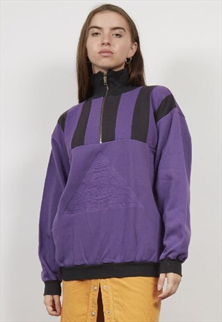 VINTAGE 80'S PUMA PURPLE STRIPE QUARTER ZIP SWEATSHIRT