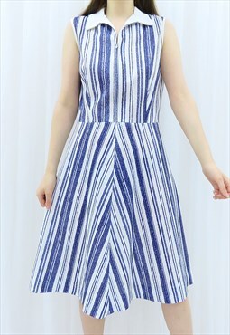70s Vintage Blue & White Striped Collared Midi Dress