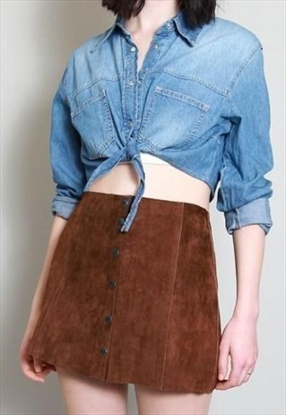 VINTAGE 1980'S MEDIUM WASH DENIM TIE UP CROP SHIRT