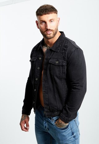 MENS BLACK DENIM DISTRESSED JACKET