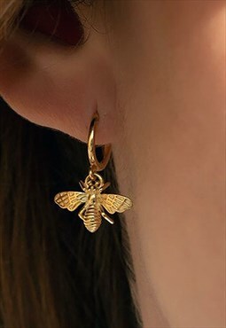 Women's Hanging Bee Pendant Insect Hoop Earring - Gold