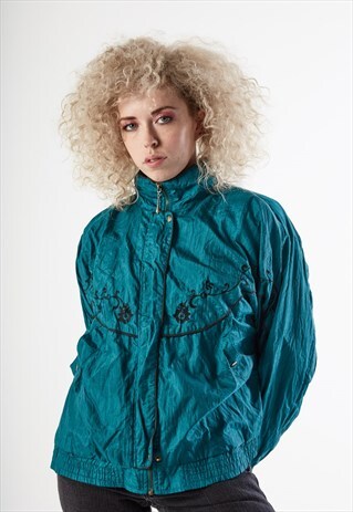 80S VINTAGE TURQUOISE AND BLACK BOMBER JACKET