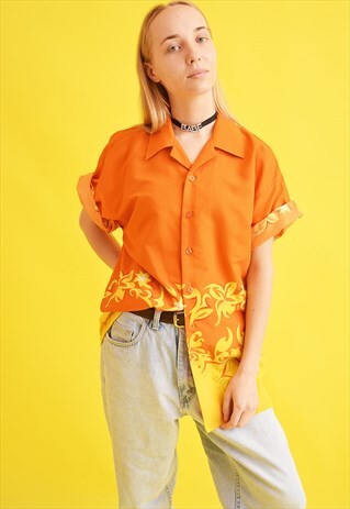 90'S RETRO HAWAII PRINT OVERSIZED DADS SHIRT BLOUSE TOP