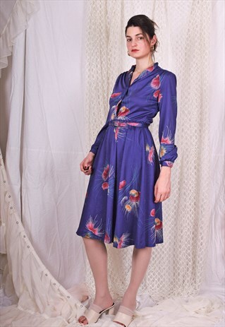 70S FLORAL PRINT PURPLE DRESS, SIZE 38