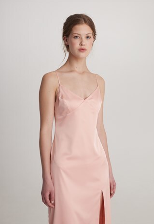 SATIN SLIP MIDI COCKTAIL CASUAL SLIT DRESS