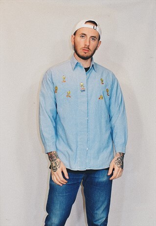 VINTAGE 1998 WARNER BROS BLUE DENIM TWEETY PIE SHIRT