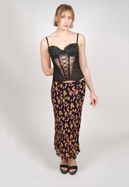 Vintage Floral Skirt (M) black 90s broomstick flowy ruffle