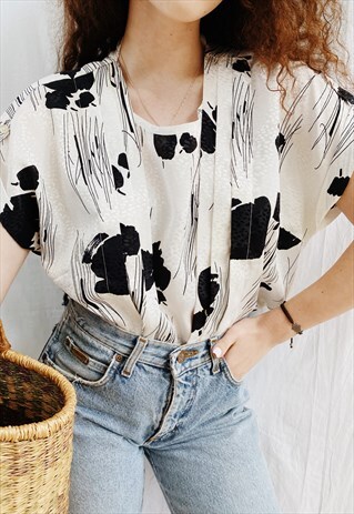 VINTAGE 80S LUXE SATIN ABSTRACT PRINT BOHEME BLOUSE TOP