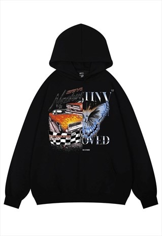 RACING HOODIE SPORTS CAR PRINT PULLOVER MOTOR TOP IN BLACK