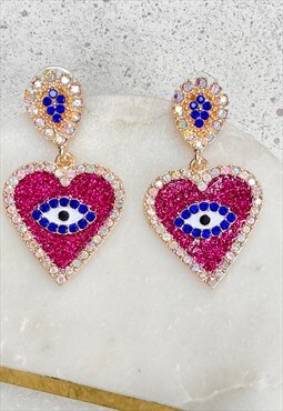 Gold Pink Evil Eye Diamante Heart Stud  Earrings