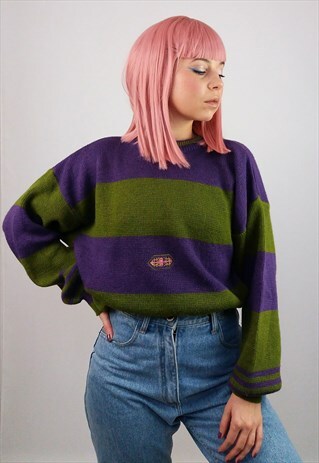 VINTAGE 80'S RETRO UNISEX STRIPES SWEATER GREEN PURPLE