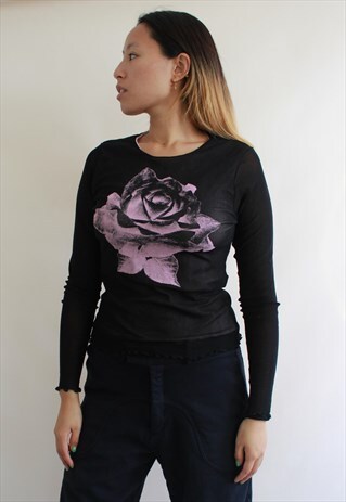 BLACK MESH Y2K ROSES MESH TOP