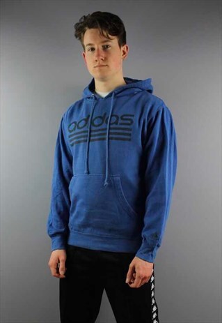 VINTAGE ADIDAS HOODIE IN BLUE WITH PRINTED LOGO.