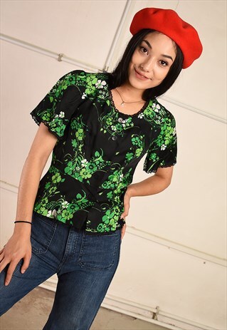 70'S RETRO FLORAL PRINT FESTIVAL PARIS CHIC BLOUSE TOP
