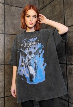 Premium grunge t-shirt vintage wash angel tee in acid black