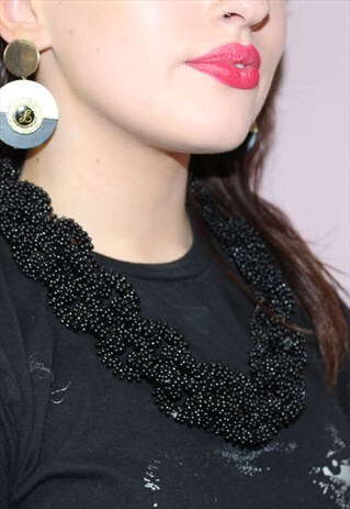 80S VINTAGE BLACK BEADED LINKED CHAIN NECKLACE