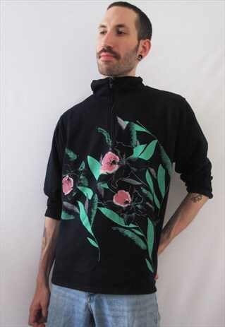 VINTAGE VINTAGE CUTE DARK BLUE SWEATSHIRT FLOWERS PRINT
