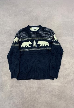 OLD NAVY KNITTED JUMPER BEAR PATTERNED GRANDAD SWEATER