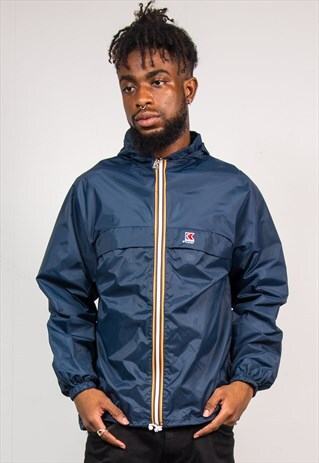 VINTAGE 90'S K-WAY NAVY BLUE HOODED CAGOULE COAT JACKET
