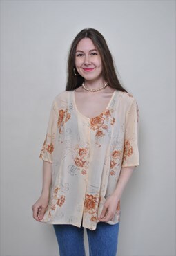 Flowers hipster blouse, 80s beige floral pattern shirt