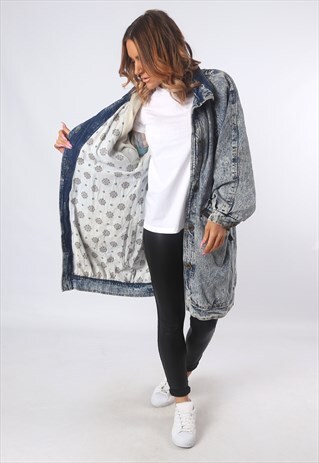 ACID WASH DENIM JACKET LONG LONGLINE OVERSIZED UK 14 (E1L)