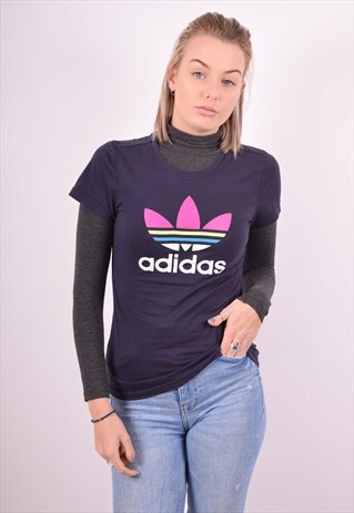 ADIDAS WOMENS VINTAGE T-SHIRT TOP SMALL NAVY BLUE 90S