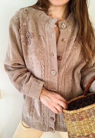 VINTAGE 80S LUXE CROCHET FLOWER APPLIQUE JUMPER CARDIGAN