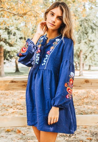 BOHO EMBROIDERY DRESS - BLUE
