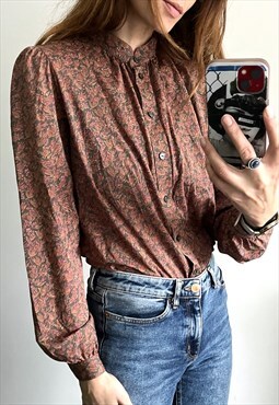Brown 80s Patterned Floral Romantic Casual Boho Top Blouse M