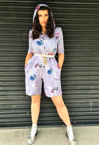 VINTAGE FISH PRINT HOODED PLAYSUIT