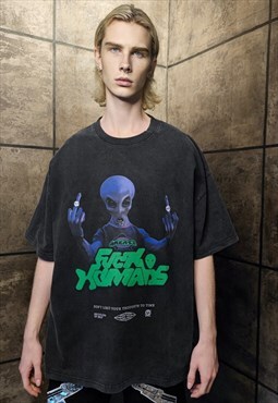 Alien t-shirt premium vintage wash grunge UFO tee in grey