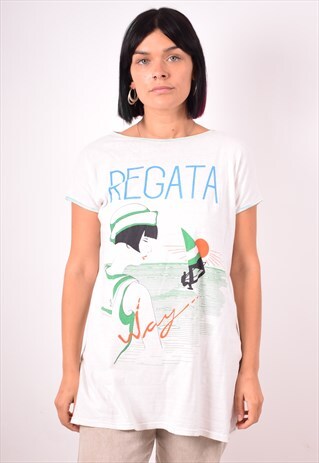 WOMENS VINTAGE NAUTICAL T-SHIRT TOP MEDIUM WHITE 90S