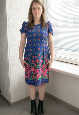 VINTAGE 70'S BLUE FLOWER PRINT MIDI PUFF SLEEVED DRESS