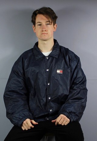 VINTAGE TOMMY HILFIGER BUTTON UP RAIN COAT JACKET IN NAVY BL