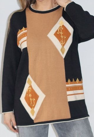 Vintage Knitted Gold & Black Print Jumper