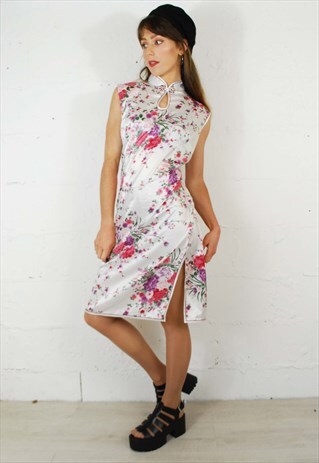 VINTAGE 90S GRUNGE FLORAL SILKY COCKTAIL MIDI DRESS WHITE