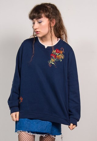 VINTAGE 90'S NAVY BLUE FLORAL EMBROIDERED SWEATSHIRT