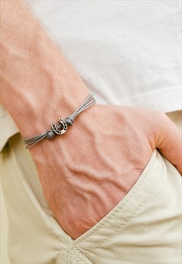 Horseshoe bracelet for men silver hoof and gray cord for him