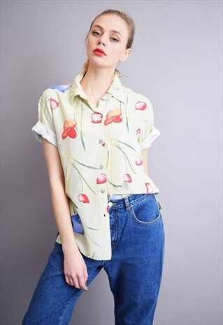 80'S RETRO FLORAL TULIP PATTERN PRINT OVERSIZED BLOUSE SHIRT