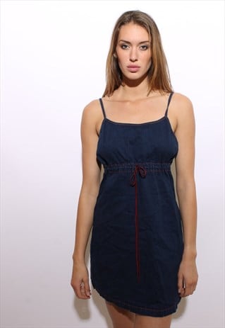 VINTAGE 1990'S 90'S STRETCH DENIM DRAWSTRING MINI DRESS L-XL