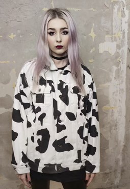 Cow print denim jacket animal spot jean coat in white