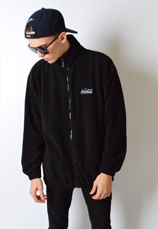 VINTAGE 90S BLACK EMBROIDERED COCA COLA FLEECE JACKET