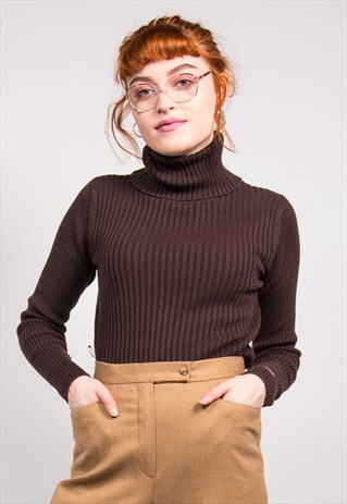 VINTAGE 90'S BROWN RIBBED ROLL NECK TOP JUMPER