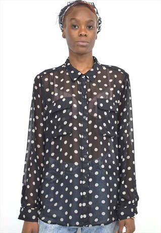 VINTAGE 90S SHEER BLACK WHITE POLKA DOT SHIRT