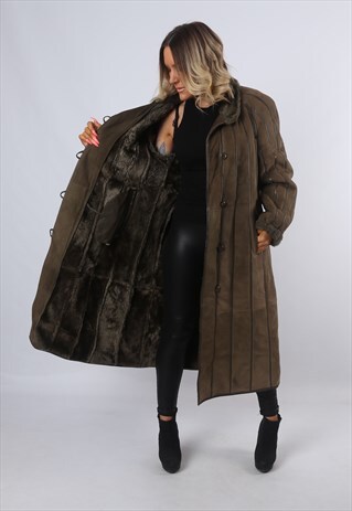 SHEEPSKIN SUEDE SHEARLING LONG COAT JACKET UK 16 (CK2D)