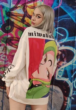 Anime print jumper Kawaii girl long tee Y2K top in white